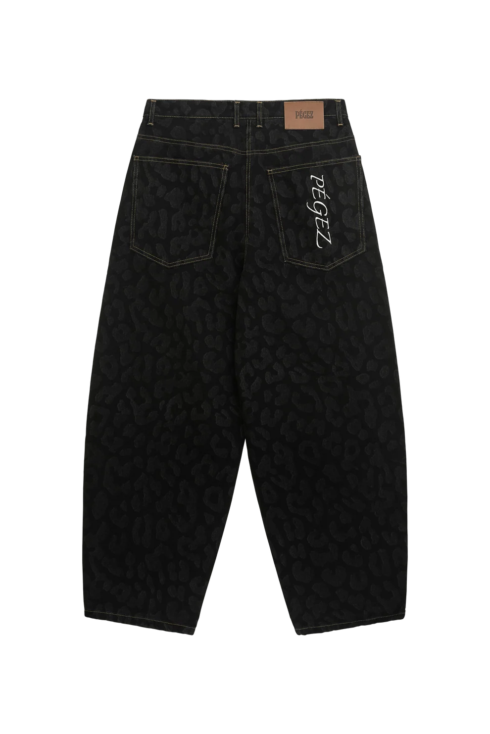 14oz rigid denim — tonal leopard detail